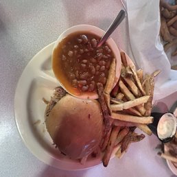 Pork sandwich, fries and beans Pork sandwich, fries and beans