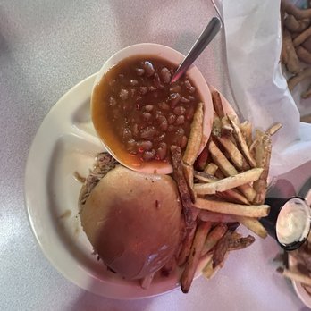 Wallace Barbecue - Pork sandwich, fries and beans - Barbeque Near Me - Austell, Georgia Wallace Barbecue - Pork sandwich, fries and beans - Barbeque Near Me - Austell, Georgia