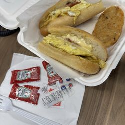 Charlie's Chicken - Awesome breakfast sandwich on a hoagie roll and a hash brown - love that he serves breakfast all day!