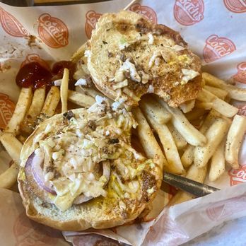 Coach's Neighborhood Grill - Delicious burger with slaw, onion(?), and "chili"?.... - Chicken Wings Near Me - Cheraw, South Carolina