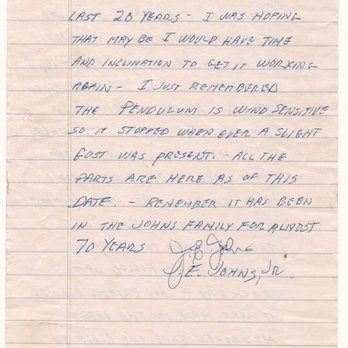 Executive Clock Gallery - Page 2 of J. E. Johns letter Here is a letter that came with the clock regarding its obvious age - Antiques Near Me - Montrose, California