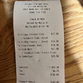 Flying Fish & Grill - Not a cheap meal for 5 items - Seafood Near Me - Half Moon Bay, California Flying Fish & Grill - Not a cheap meal for 5 items - Seafood Near Me - Half Moon Bay, California