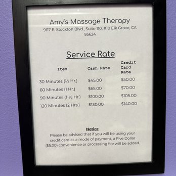 Amy's Massage Therapy - Updated pricing as of June 2023 - Massage Near Me - Elk Grove, California Amy's Massage Therapy - Updated pricing as of June 2023 - Massage Near Me - Elk Grove, California