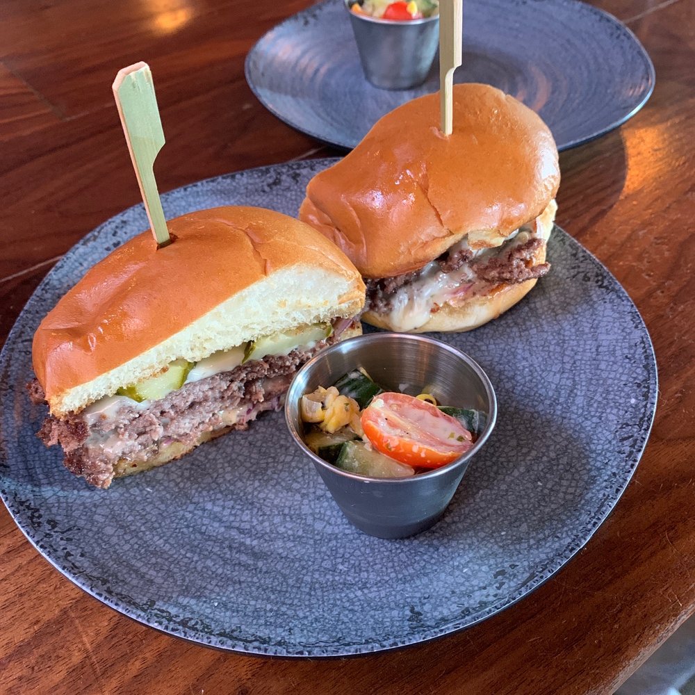 VINYL - Smash burger cut in half - New American Near Me - Charlotte, North Carolina VINYL - Smash burger cut in half - New American Near Me - Charlotte, North Carolina