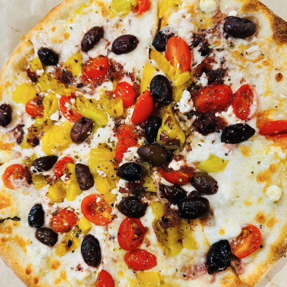 PiesOn. Pizza - a pizza with olives and peppers - Pizza Near Me - High Point, North Carolina PiesOn. Pizza - a pizza with olives and peppers - Pizza Near Me - High Point, North Carolina