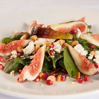 Sofie's Greek Restaurant - Spanakosalata - Fresh fig, baby spinach, pomegranate, macadamia nuts, feta and lemon olive oil dressing - Greek Near Me - Balmain, NSW Sofie's Greek Restaurant - Spanakosalata - Fresh fig, baby spinach, pomegranate, macadamia nuts, feta and lemon olive oil dressing - Greek Near Me - Balmain, NSW