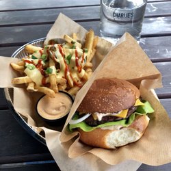 charlie's burgers - Classic burger with chili fries!