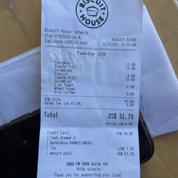 Biscuit House - Receipt. - Breakfast & Brunch Near Me - Schertz, Texas