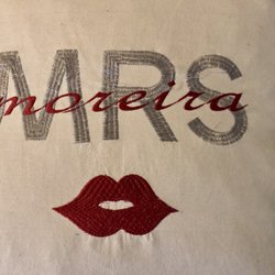 Island Threads Embroidery - Pillow originally just with MRS and lips, Lauri added the last name over top!