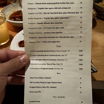 Bombera - Front of drink menu - Mexican Near Me - Oakland, California