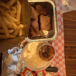 Moe's BBQ - Smoked brisket, fries, Mac and cheese and pulled beef burger
