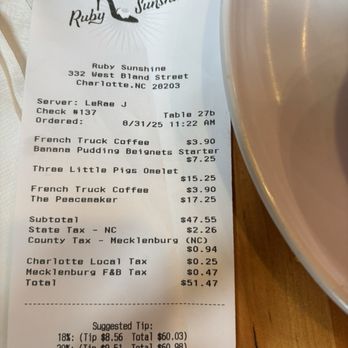 Ruby Sunshine Charlotte Southend - Bill for two people - Breakfast & Brunch Near Me - Charlotte, North Carolina