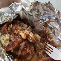 Hoot'n Holler BBQ - Sausage with kraut and sweet and spicy sauce.