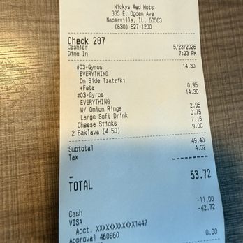 Nicky's Red Hots - The bill - Greek Near Me - Naperville, Illinois Nicky's Red Hots - The bill - Greek Near Me - Naperville, Illinois