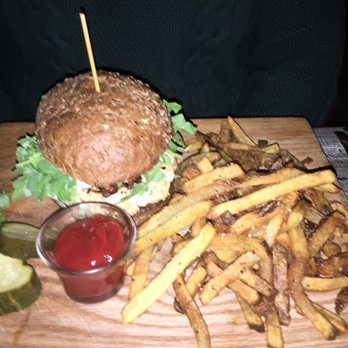Beginnings - Salmon burger with  fries, very good - Bars Near Me - Atlantic Beach, New York