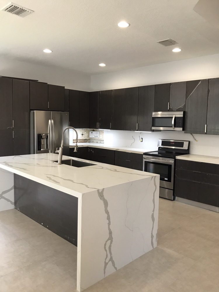 Just Installed Quartz Counter Tops And Island With Waterfall Legs