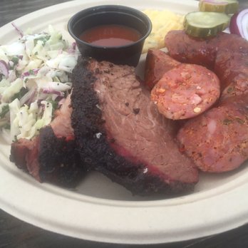 Micklethwait Craft Meats - 2 meat plate, brisket and sausages. sides coleslaw and grits. - Food Trucks Near Me - Austin, Texas