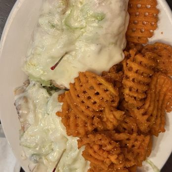 Duffer's Bar & Grill - Chicken Philly cheesesteak with upgraded of sweet potato fries - Bars Near Me - Shallotte, North Carolina Duffer's Bar & Grill - Chicken Philly cheesesteak with upgraded of sweet potato fries - Bars Near Me - Shallotte, North Carolina