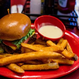 American classic burger (bison) with cheese fries American classic burger (bison) with cheese fries