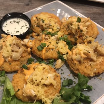 Captain Brad's Coastal Kitchen - Stacked Tomatoes (Crab Meat, Gouda Cheese, Remoulade Sauce, Green Onions) - Seafood Near Me - Tomball, Texas