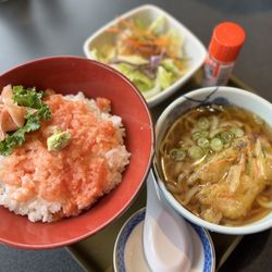 Kurumaya Japanese Kitchen - Lunch special. Salmon over rice, tempura udon, salad. Delicious!!
