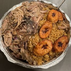 Brinia’s Sazon - Pernil (shredded roasted pork) Rice w pigeon peas Plantains
