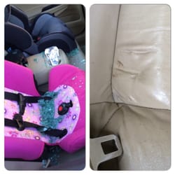 Conway Collision LLC - Left photo: child car seat. Right photo: coffee stain.