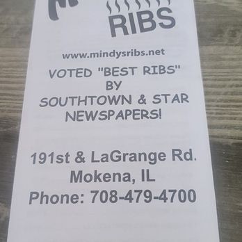 Mindy's Ribs - Front of menu take out or eat in  It's also posted up on the board above grill this food if you don't want to stand and hold up the line - Barbeque Near Me - Mokena, Illinois