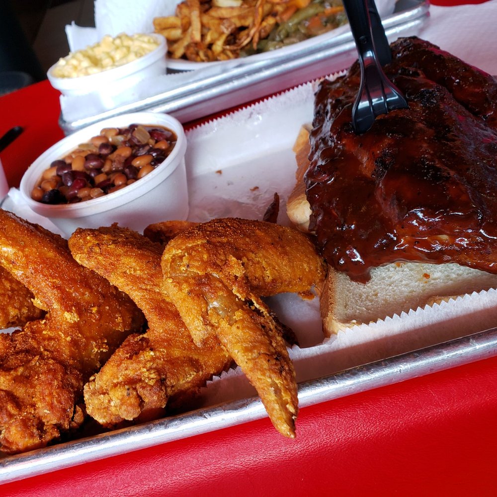 Bon-Fire Outdoor Charcoal Grill - Chicken wings and a half rack with pork and beans - Barbeque Near Me - Halethorpe, Maryland Bon-Fire Outdoor Charcoal Grill - Chicken wings and a half rack with pork and beans - Barbeque Near Me - Halethorpe, Maryland