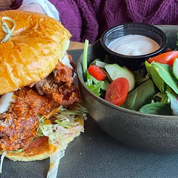 The Shelby - Hot chicken sandwich.. choice of sides. One is garden salad. Yum! - New American Near Me - Allentown, Pennsylvania The Shelby - Hot chicken sandwich.. choice of sides. One is garden salad. Yum! - New American Near Me - Allentown, Pennsylvania