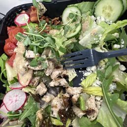 No eggs no avocados very bland Cobb salad cold grilled chicken nothing special tomatoes stewed not fresh. I shot most of this out.