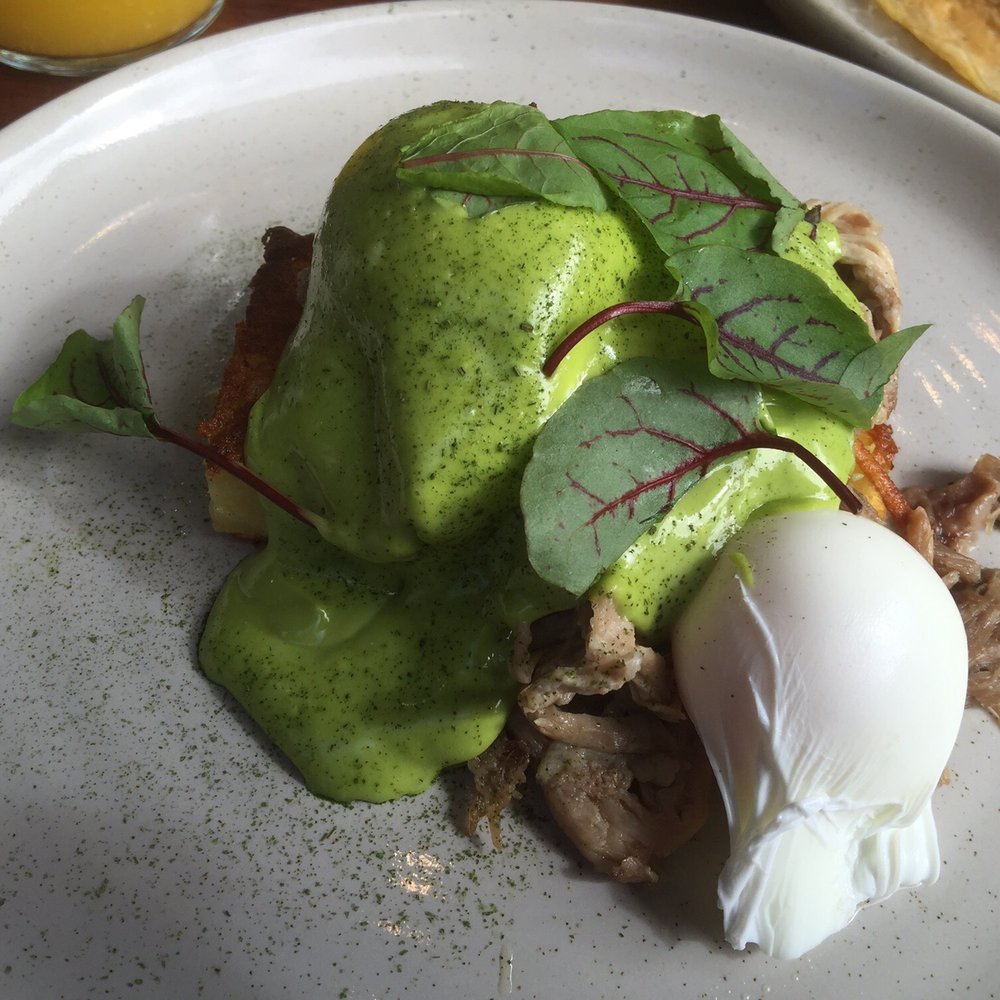 Potato Roseti with poached eggs & hollandaise sauce.
