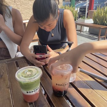 Bopomofo Cafe - Nat with the BA-LA matcha and strawb ginger lemonade (+ boba), very very strong ginger flavor (i love raw ginger tho haha) - Bubble Tea Near Me - San Gabriel, California