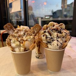 Sweet Peak - Biscoff bubble waffle with icecream and I forgot the flavor of the other one but it's the one with bananas on it!