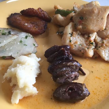 Point Brazil - Fish stew, chicken hearts, mash, some other potato, and plantains - Brazilian Near Me - Astoria, New York Point Brazil - Fish stew, chicken hearts, mash, some other potato, and plantains - Brazilian Near Me - Astoria, New York