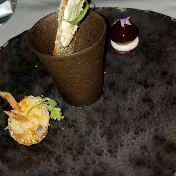 Spago - 2018 DineLA: The Plated Trio: (Left Side) The Sesame Ball, consisting of Dungeness Crab, Thai Spices & Sakura Shrimp was the standout. - New American Near Me - Beverly Hills, California Spago - 2018 DineLA: The Plated Trio: (Left Side) The Sesame Ball, consisting of Dungeness Crab, Thai Spices & Sakura Shrimp was the standout. - New American Near Me - Beverly Hills, California