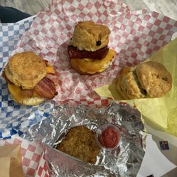 Bacon/egg/cheese, andouille sausage, egg/cheese, hash browns; strawberry butter Bacon/egg/cheese, andouille sausage, egg/cheese, hash browns; strawberry butter