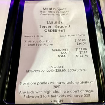 Meat Project - Bill for 3 AYCE and $24 pitcher of draft beer - $136 before a 20% tip (for excellent service and grilling by an amazing Korean server) - Korean Near Me - Centreville, Virginia