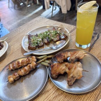 nonono - Chicken thigh yakitori, chicken wing yakitori, Eggplant Dengaku, yuzu mimosa - Izakaya Near Me - New York, New York