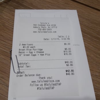 Talula's - Check - Pizza Near Me - Asbury Park, New Jersey