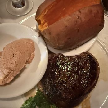 Pat's Steak House - Bacon wrapped lady filet with sweet potato and in house honey cinnamon butter - Steakhouses Near Me - Louisville, Kentucky Pat's Steak House - Bacon wrapped lady filet with sweet potato and in house honey cinnamon butter - Steakhouses Near Me - Louisville, Kentucky
