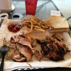 Beef Tallow Hand-Cut Fries, pork belly & pulled pork w/ iced tea