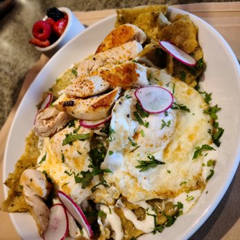 Delicia - Brunch CHILAQUILES VERDE with chicken -- soooo good! - Latin American Near Me - Indianapolis, Indiana