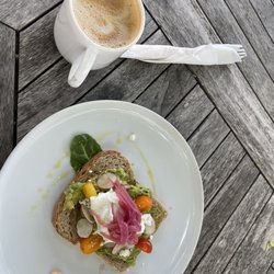 Avocado toast and oat milk latte
