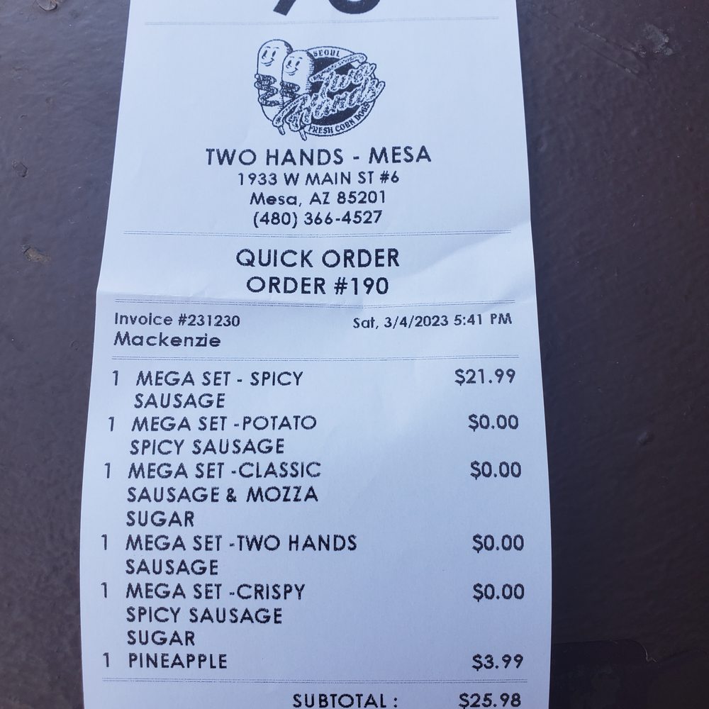 Two Hands Seoul Fresh Corn Dogs - my bill - Fast Food Near Me - Mesa, Arizona Two Hands Seoul Fresh Corn Dogs - my bill - Fast Food Near Me - Mesa, Arizona