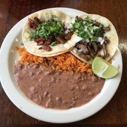 Chicken & Teriyaki - Beef and spicy pork tacos with rice and beans