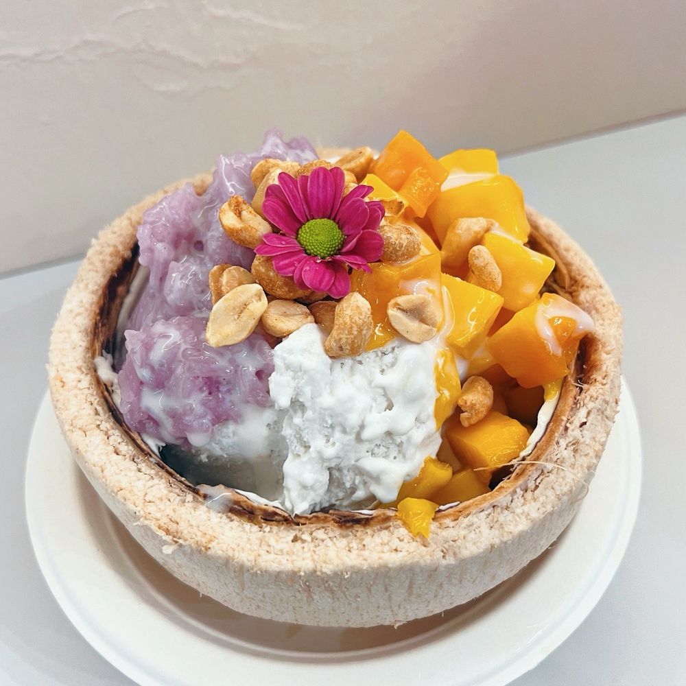 Mango + Sticky rice ice cream bowl. Comes with coconut pieces, peanuts if wanted, coconut ice cream, sticky rice
