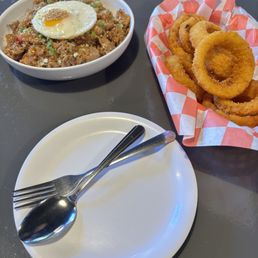 Chicken fried rice, and Onion Rings Chicken fried rice, and Onion Rings