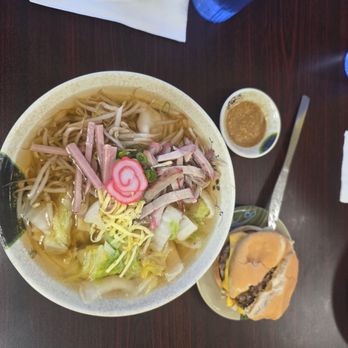 Shige's Saimin Stand - Large won ton min with extra vegetables, side of mustard and shoyu, cheeseburger. - Japanese Near Me - Wahiawa, Hawaii Shige's Saimin Stand - Large won ton min with extra vegetables, side of mustard and shoyu, cheeseburger. - Japanese Near Me - Wahiawa, Hawaii
