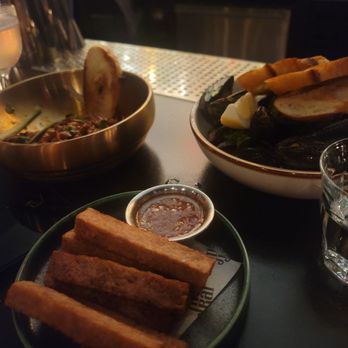 Merai - Back left: yukhoe  Front middle: taro fries Back right: red curry mussels - Thai Near Me - Brookline, Massachusetts
